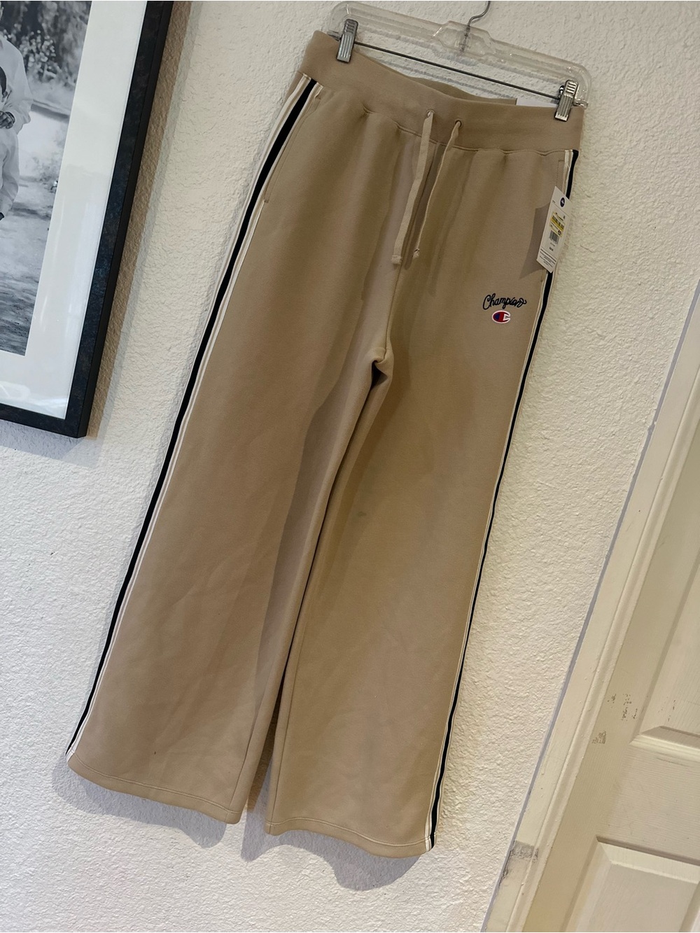 Champion Tan Wide-Leg Sweatpants with Black & White Side Stripes small stain